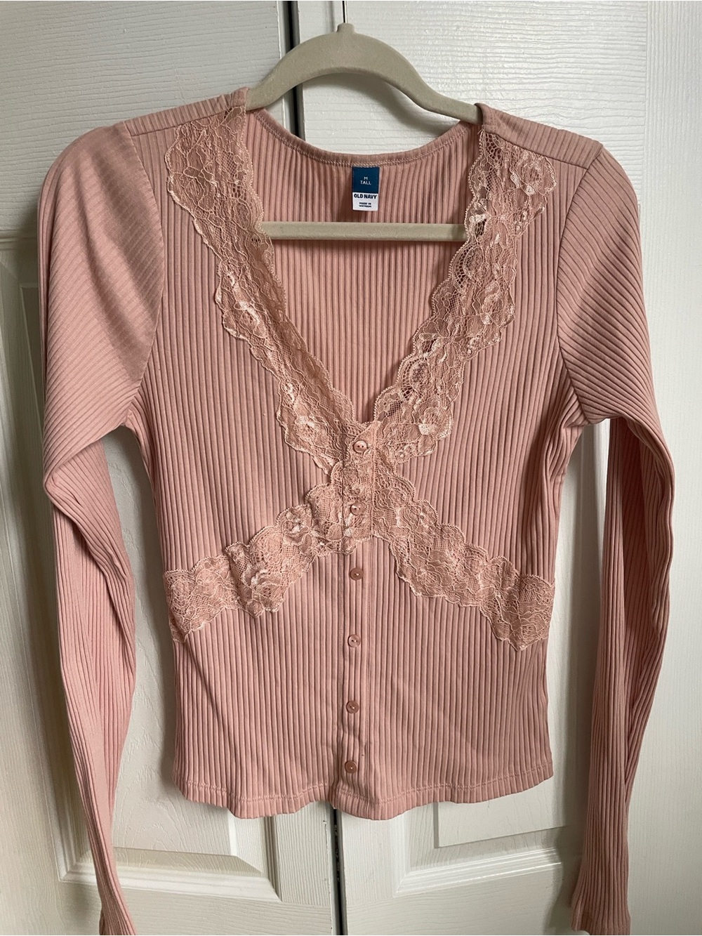 Old Navy Lace-Trim Ribbed Button Cardigan - Blush Pink